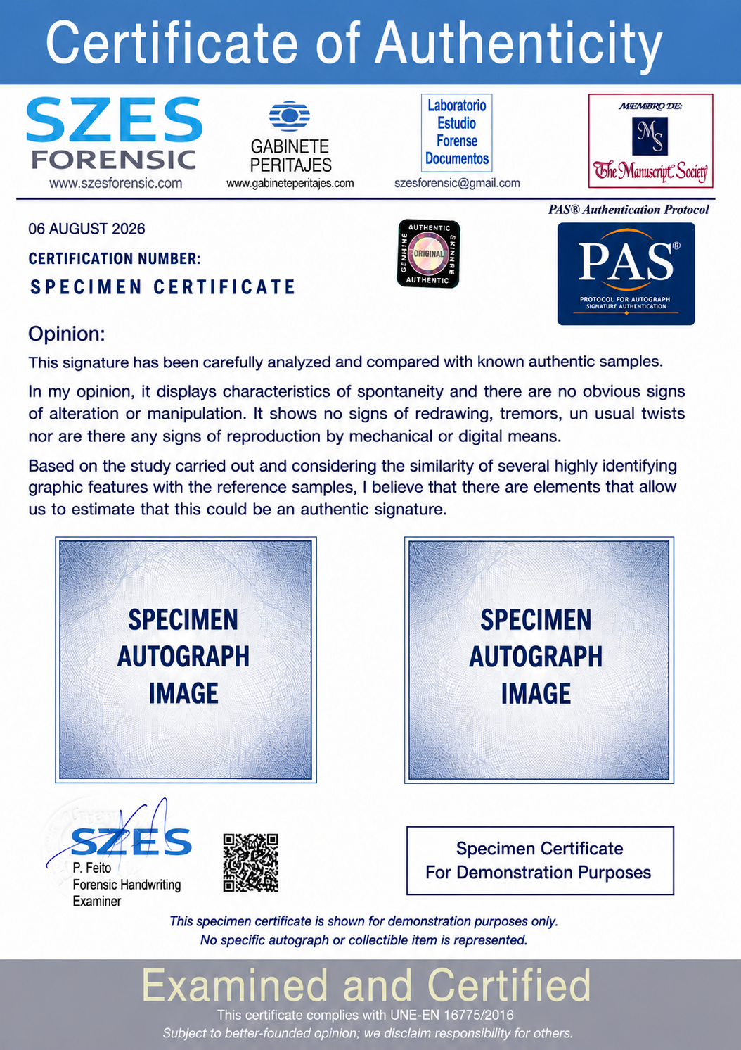 Certificado de autenticidad de muestra emitido por SZES Forensic bajo el protocolo PAS